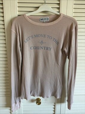 Wildfox Pale Pink Long Sleeve Thermal Top with Blue Script